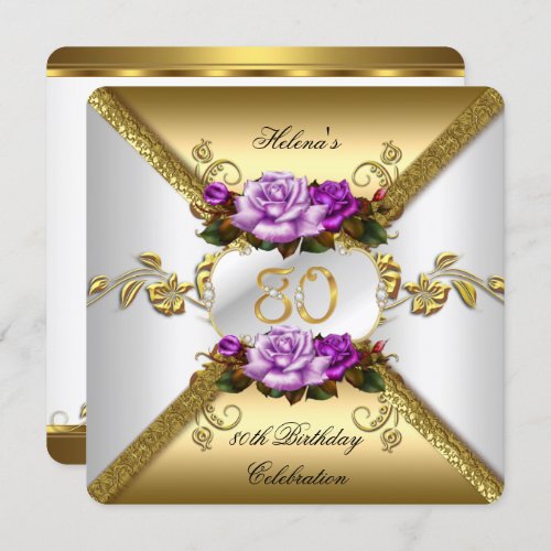 80th Birthday Party Elegant Purple Gold Roses A Invitation