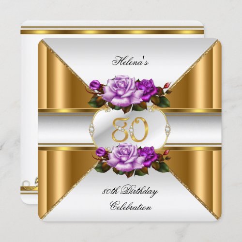 80th Birthday Party Elegant Purple Gold Roses B Invitation