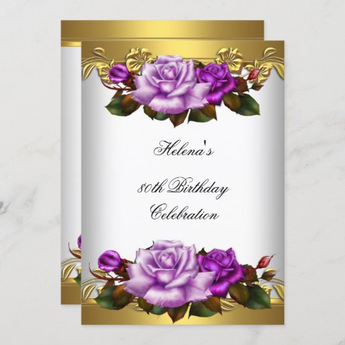 80th Birthday Party Elegant Purple Gold Roses Invitation