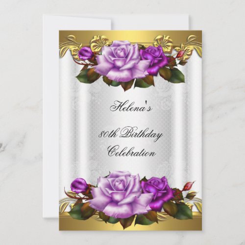 80th Birthday Party Elegant Purple Gold Roses Lace Invitation