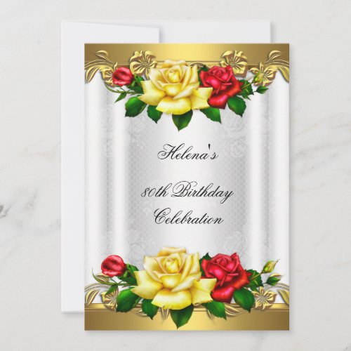 80th Birthday Party Elegant Red Gold Roses Lace Invitation
