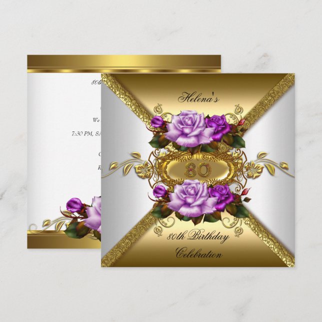 80th Birthday Party Elegant Roses Purple Gold 2 Invitation (Front/Back)