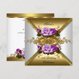 80th Birthday Party Elegant Roses Purple Gold 2 Invitation