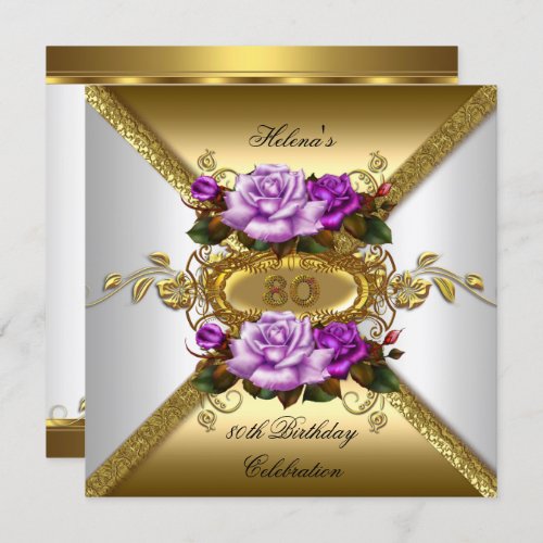 80th Birthday Party Elegant Roses Purple Gold 2 Invitation