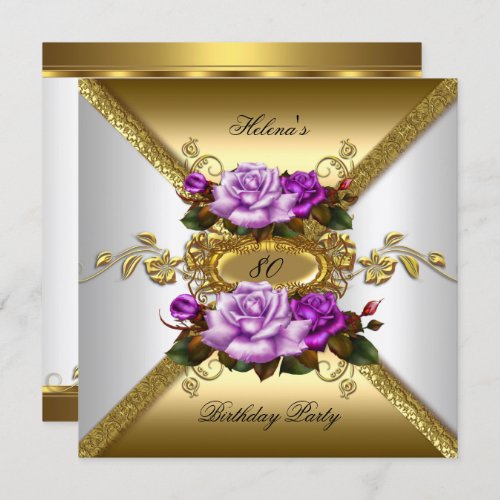 80th Birthday Party Elegant Roses Purple Gold Invitation