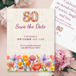 80th Birthday Party - Elegant Save the Date Announcement Postcard<br><div class="desc">Celebrate a special 80th birthday with this elegant wildflower postcard. A soft linen-look background, floral-filled “80” and watercolor wildflowers in pink, orange and purple create a pretty, feminine look that’s perfect for a spring or summer garden party. Personalize the name, date and party details on the front, and add your...</div>