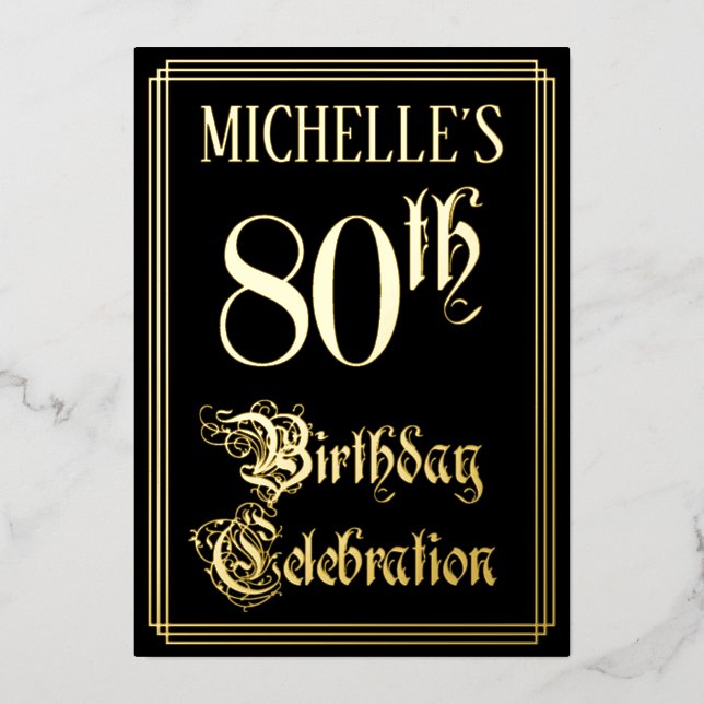 80th Birthday Party — Fancy Script & Custom Name Foil Invitation (Front)
