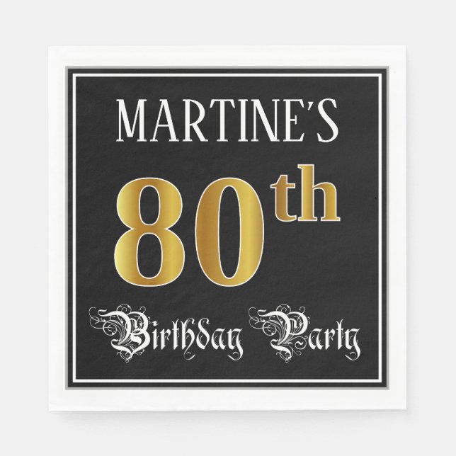 80th Birthday Party — Fancy Script, Faux Gold Look Napkins (Front)
