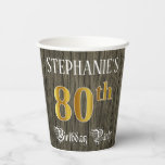 [ Thumbnail: 80th Birthday Party — Faux Gold & Faux Wood Looks Paper Cups ]
