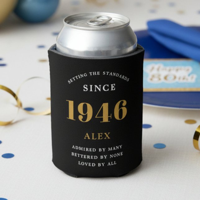 80th Birthday Party Favor & Keepsake Personalized Can Cooler (1946 can cooler on a party table.)