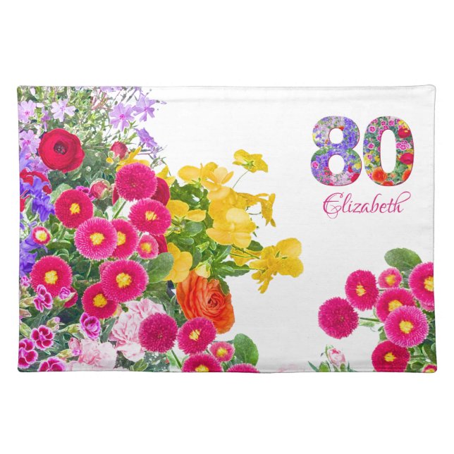 80th birthday party floral bouquet cloth placemat (Front)