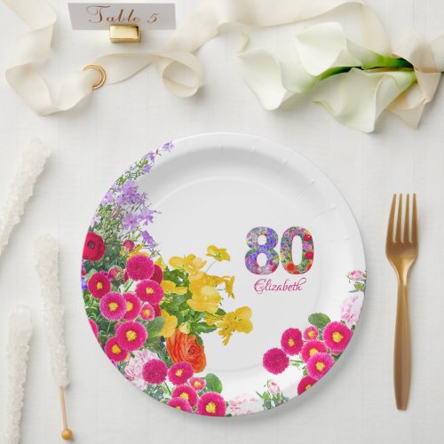 80th birthday party floral bouquet paper plates