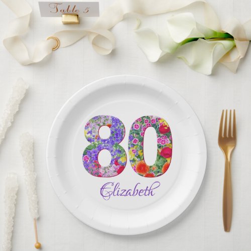 80th birthday party floral colorful paper plates