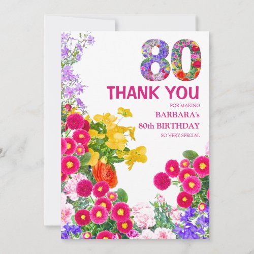 80th birthday party floral flat thank you card