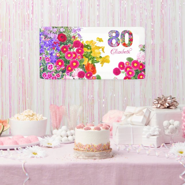 80th birthday party floral flowers bouquet banner (Party)
