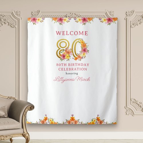 80th Birthday Party Floral Gold Number 80 Backdrop