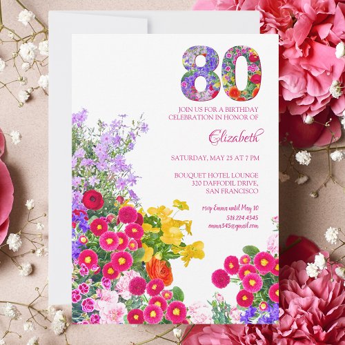 80th birthday party floral modern invitation