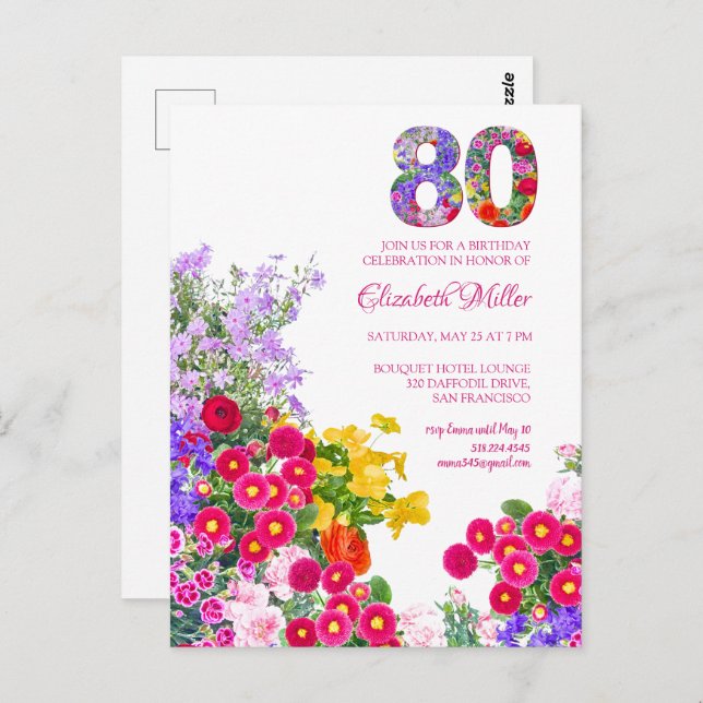 80th birthday party floral modern invitation postcard (Front/Back)
