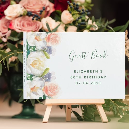 80th birthday party florals white blush pink guest book