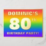 [ Thumbnail: 80th Birthday Party: Fun, Colorful Rainbow Pattern Invitation ]