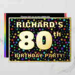 [ Thumbnail: 80th Birthday Party — Fun, Colorful Stars Pattern Invitation ]