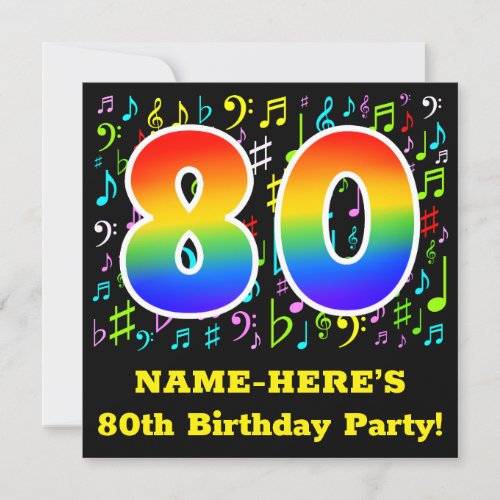 80th Birthday Party Fun Music Symbols Rainbow 80 Invitation