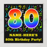 [ Thumbnail: 80th Birthday Party: Fun Music Symbols, Rainbow 80 Invitation ]