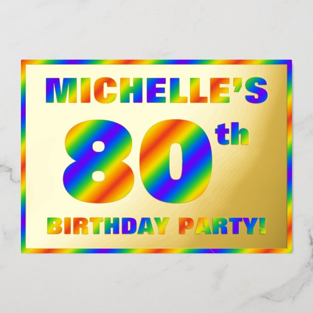 80th Birthday Party — Fun, Rainbow Spectrum “80” Foil Invitation (Front)