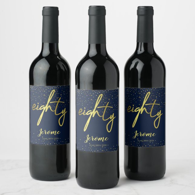 80th Birthday Party Glamorous Navy Gold Wine Label (Bottles)