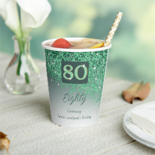 80th Birthday Party Gleaming Green Glitter Paper Cups