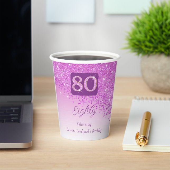 80th Birthday Party Gleaming Pink Glitter Paper Cups (Insitu)