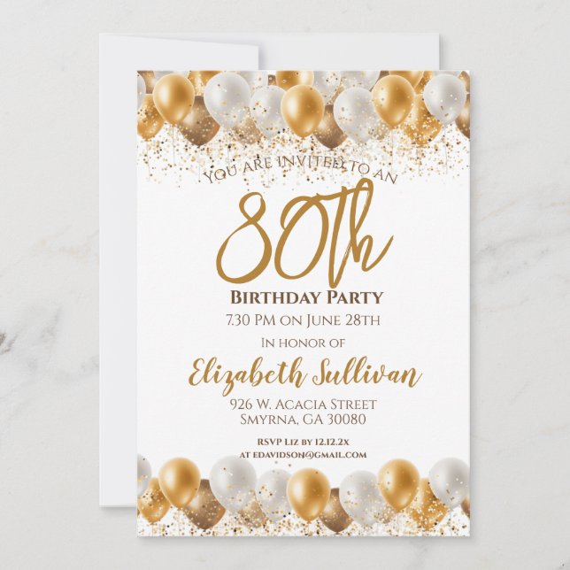 80th Birthday Party Gold Balloon Invitation (Front)