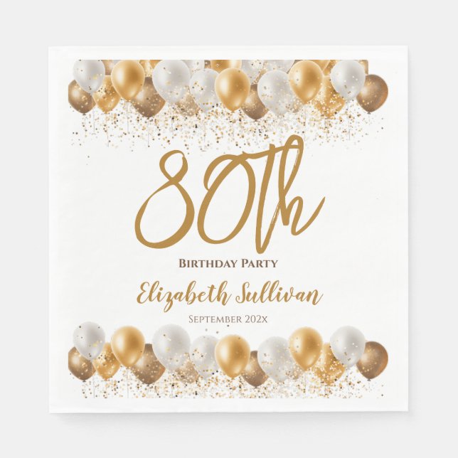 80th Birthday Party Gold Balloon Napkins (Front)
