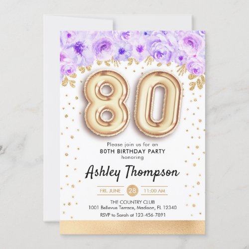 80th Birthday Party _ Gold Balloons Purple Invitation
