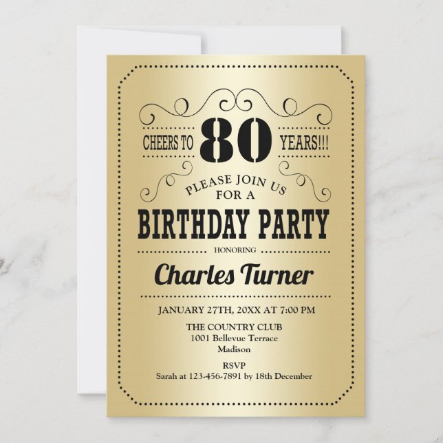 80th Birthday Party - Gold Black Invitation (Front)