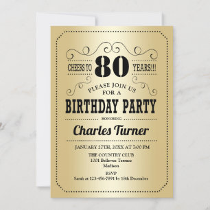 80th Birthday Party - Gold Black Invitation