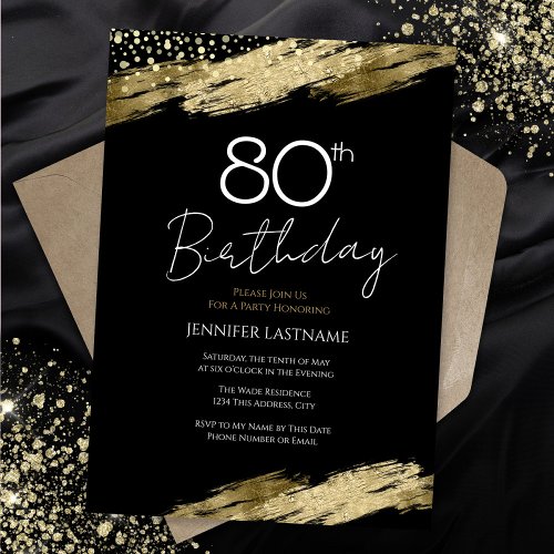80th Birthday Party Gold Black Invitation