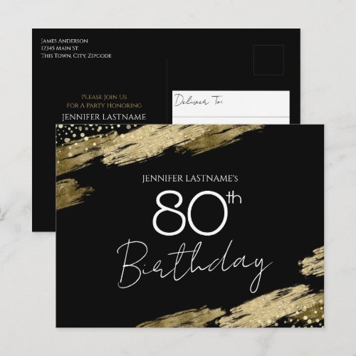 80th Birthday Party Gold Black Invitation Postcard