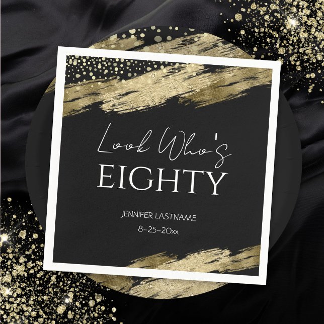 80th Birthday Party Gold Black Look Who's Napkins (Creator Uploaded)