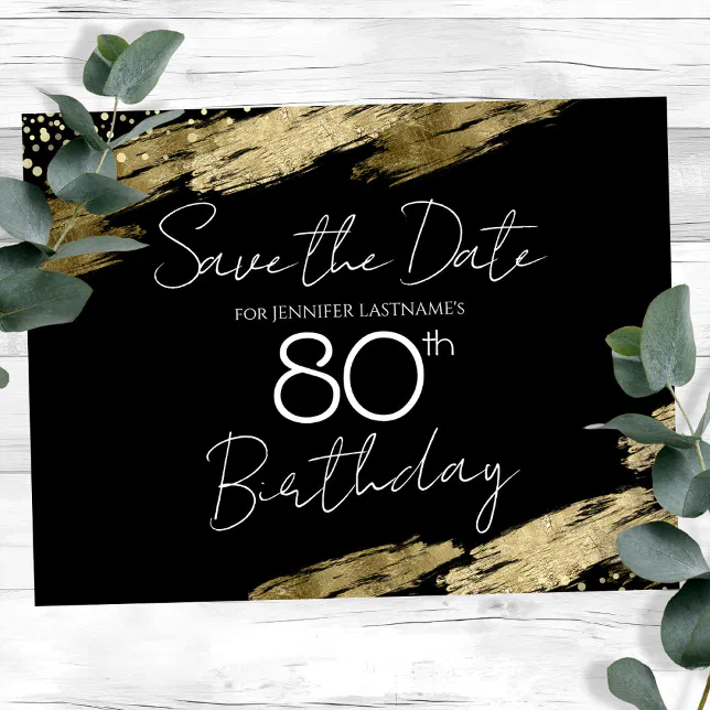 80th-birthday-party-gold-black-save-the-date-postcard-zazzle