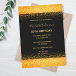 80th birthday party gold black sparkle invitation<br><div class="desc">A modern,  stylish and glamorous invitation for a woman's 80th birthday party.  A chic black background with faux glitter and sparkle. The name is written with a modern golden hand lettered style script.  Templates for your party details.</div>
