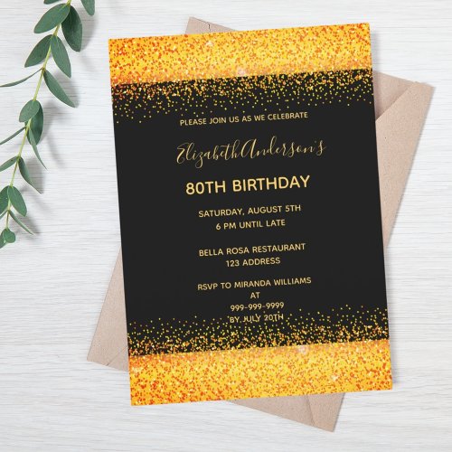 80th birthday party gold black sparkle invitation