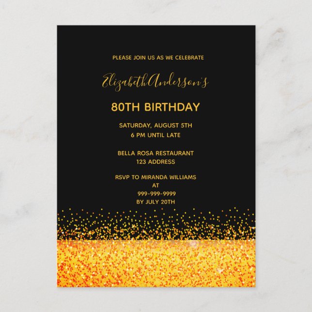 80th birthday party gold black sparkle invitation postcard (Front)
