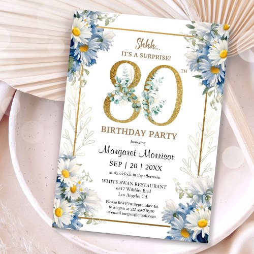 80th Birthday Party Gold Elegant Daisy Floral Invitation
