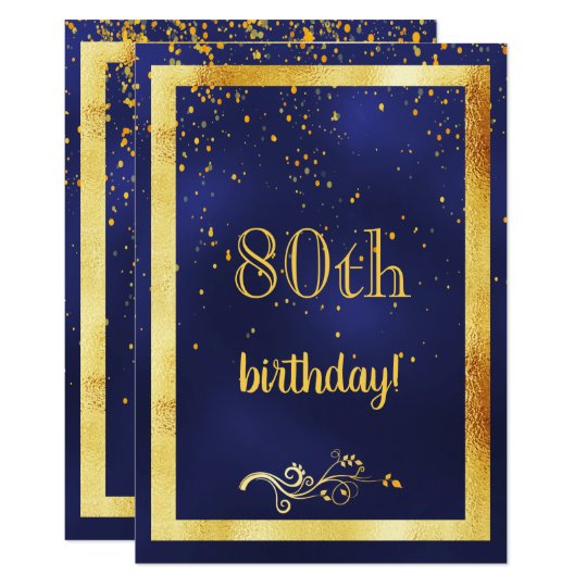 80th birthday party gold frame blue invitation | Zazzle.com