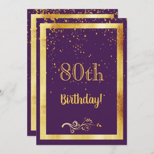 80th birthday party gold frame girly purple invitation