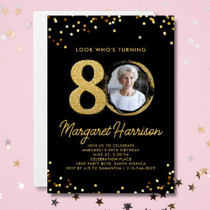 80th Birthday Party Gold Glitter Confetti Photo Invitation