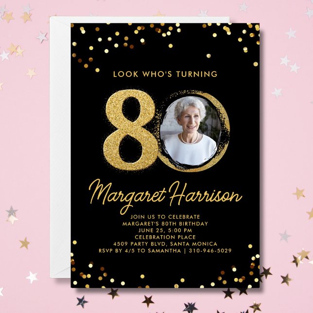 80th Birthday Party Gold Glitter Confetti Photo Invitation (Creator Uploaded)