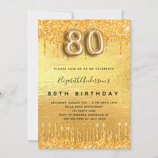 80th birthday party gold glitter drips invitation (Front)