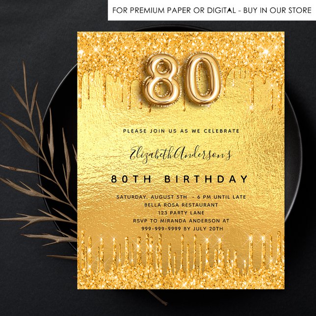 80th birthday party gold glitter drips invitation postcard (Creator Uploaded)
